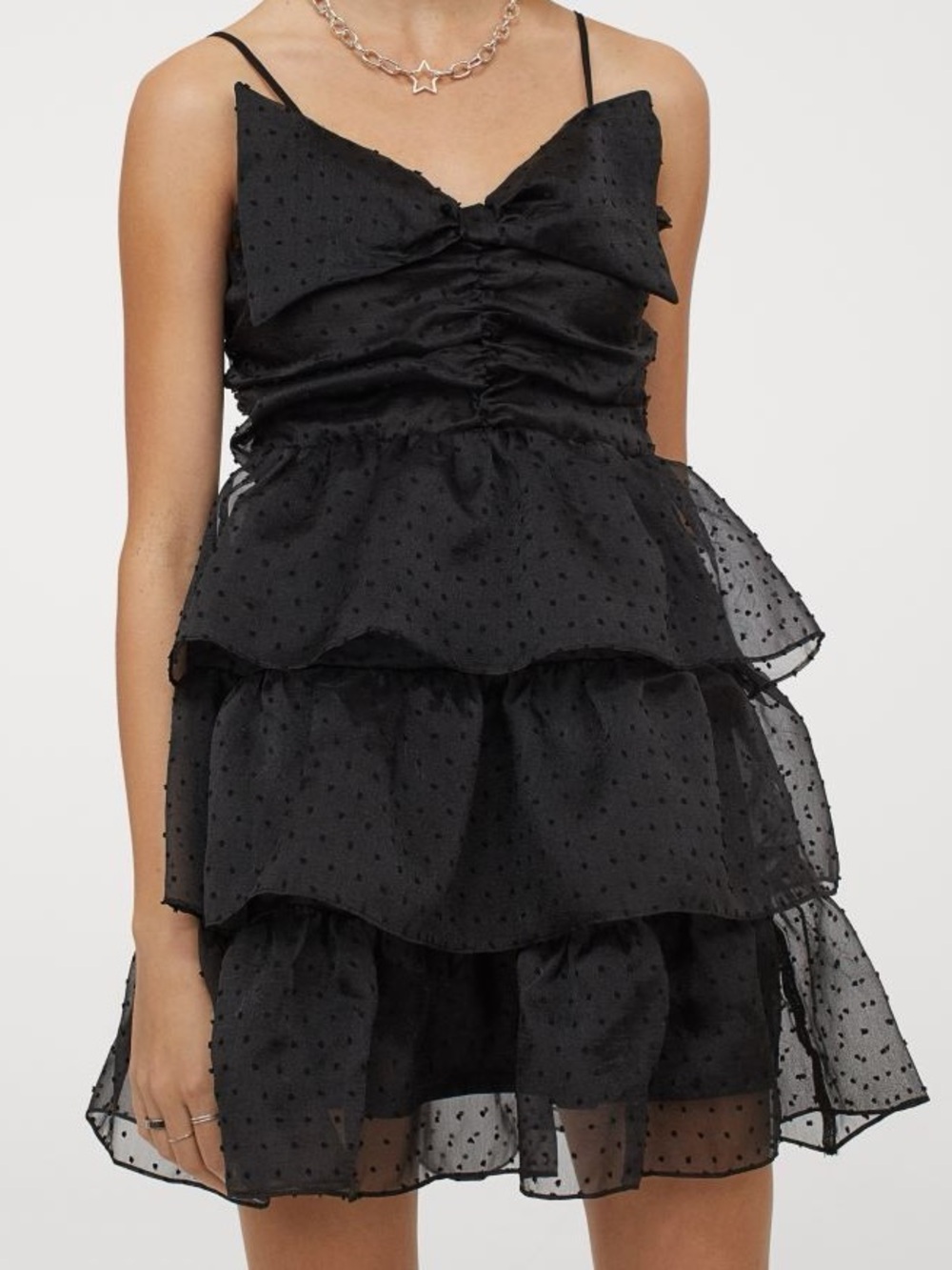 Divided Black Tiered Mini Dress with Front Bow
